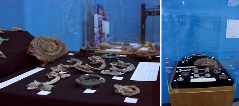 Display of Victorian coffin hardware.